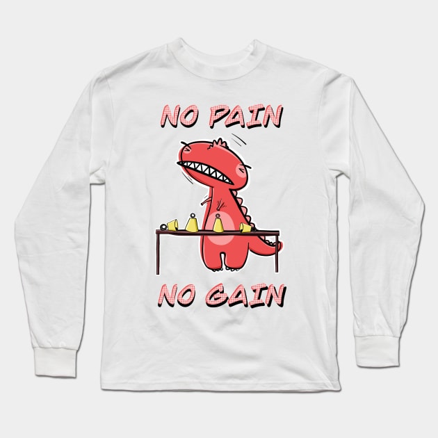 Funny Red T-Rex Practicing Handbells "No Pain, No Gain" Long Sleeve T-Shirt by SubtleSplit